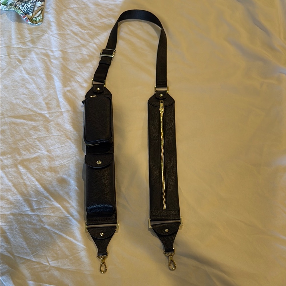 Black Leather with gold accents Bandolier utility phone/ bag cross body strap